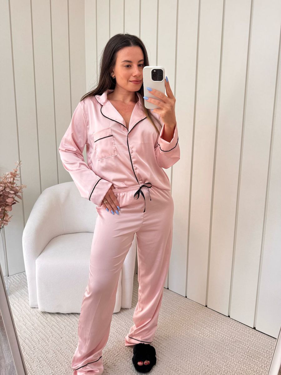 Pijama Feminino Americano Longo Cetim Rosa