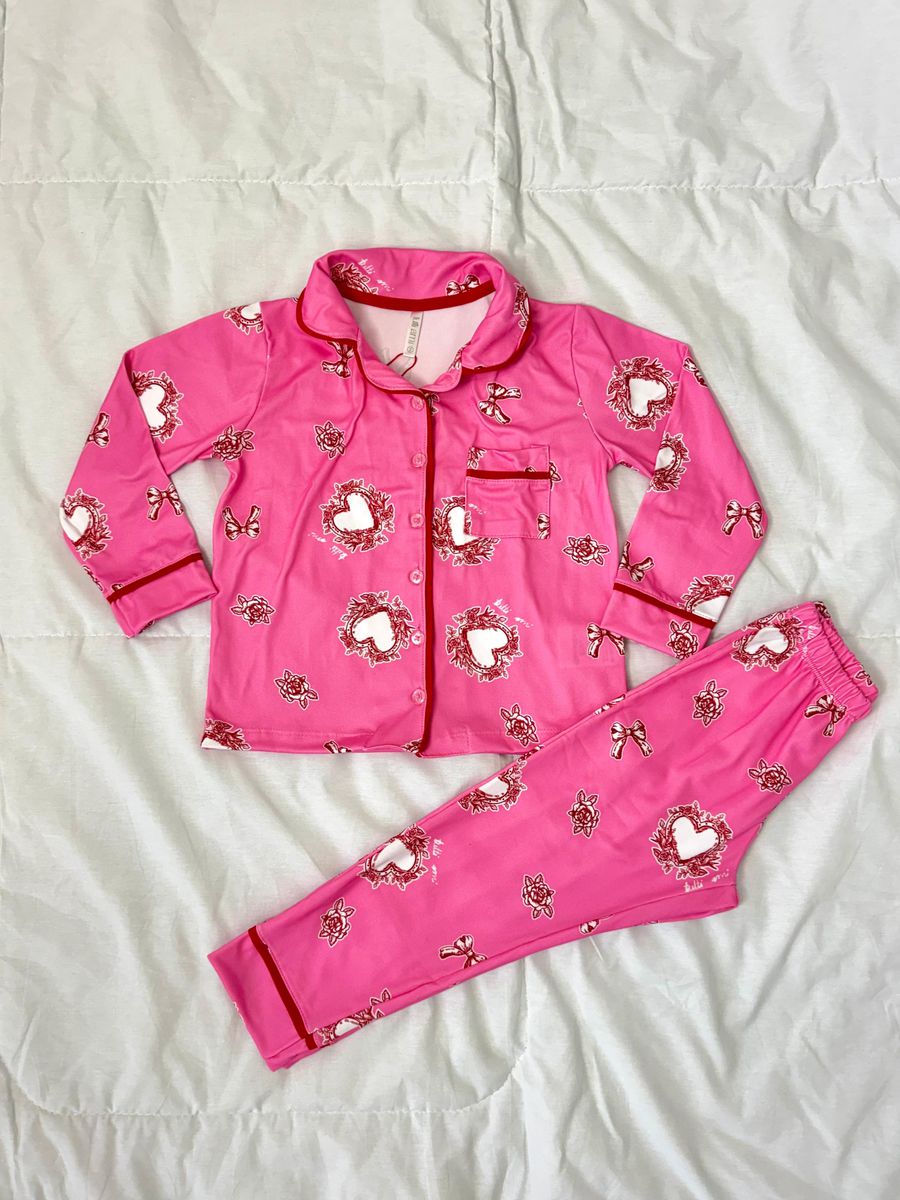 Pijama Infantil Americano Longo Rosa Corações