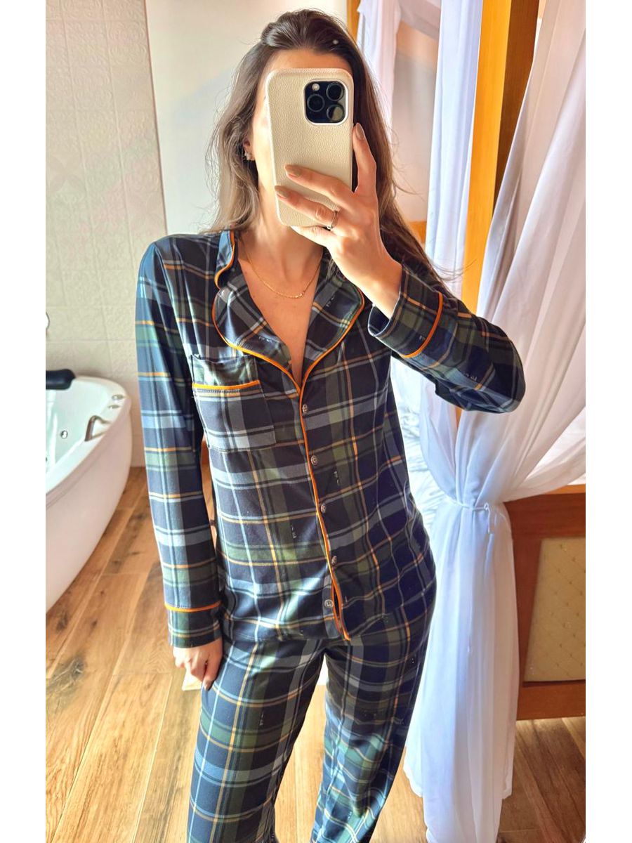Pijama Feminino Americano Longo Xadrez Flanela