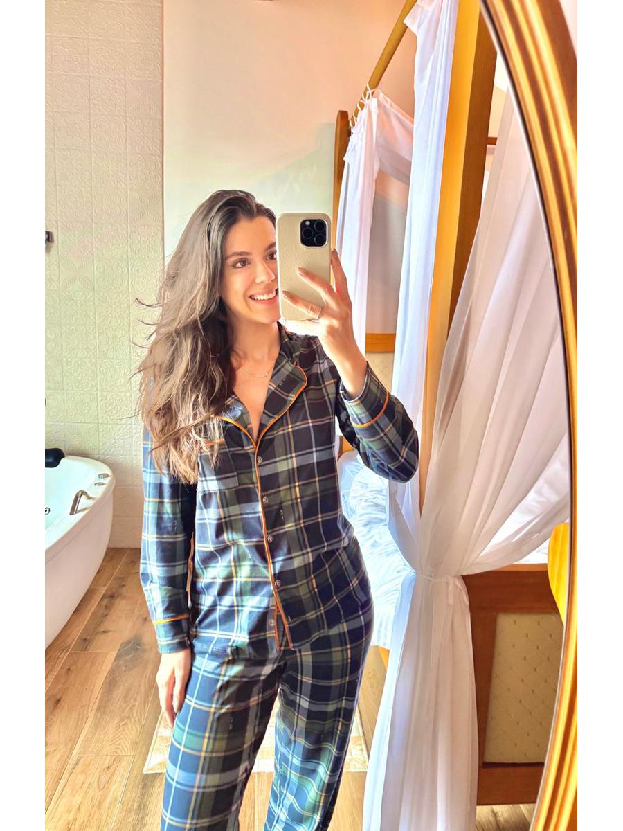 Pijama Feminino Americano Longo Xadrez Flanela