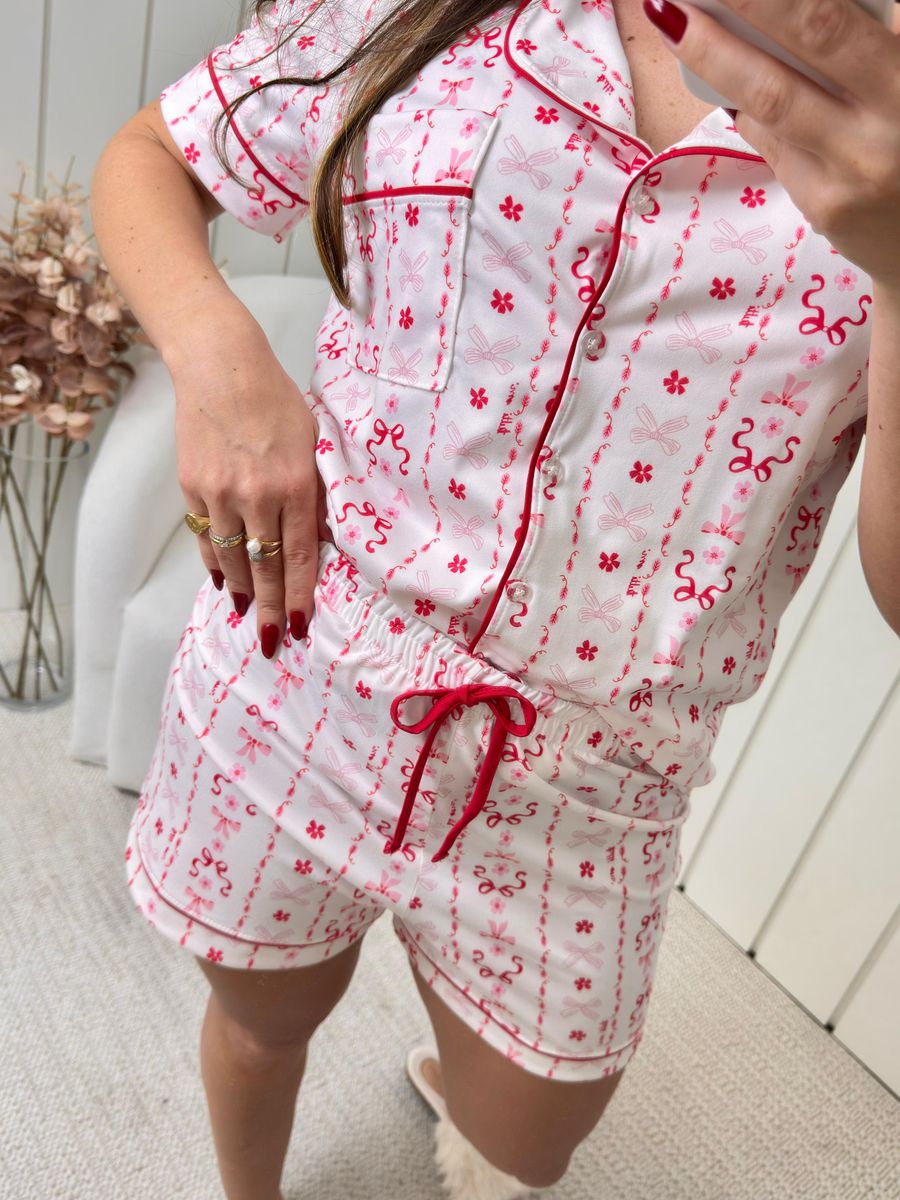 Pijama Feminino Americano Curto Laços Vermelho