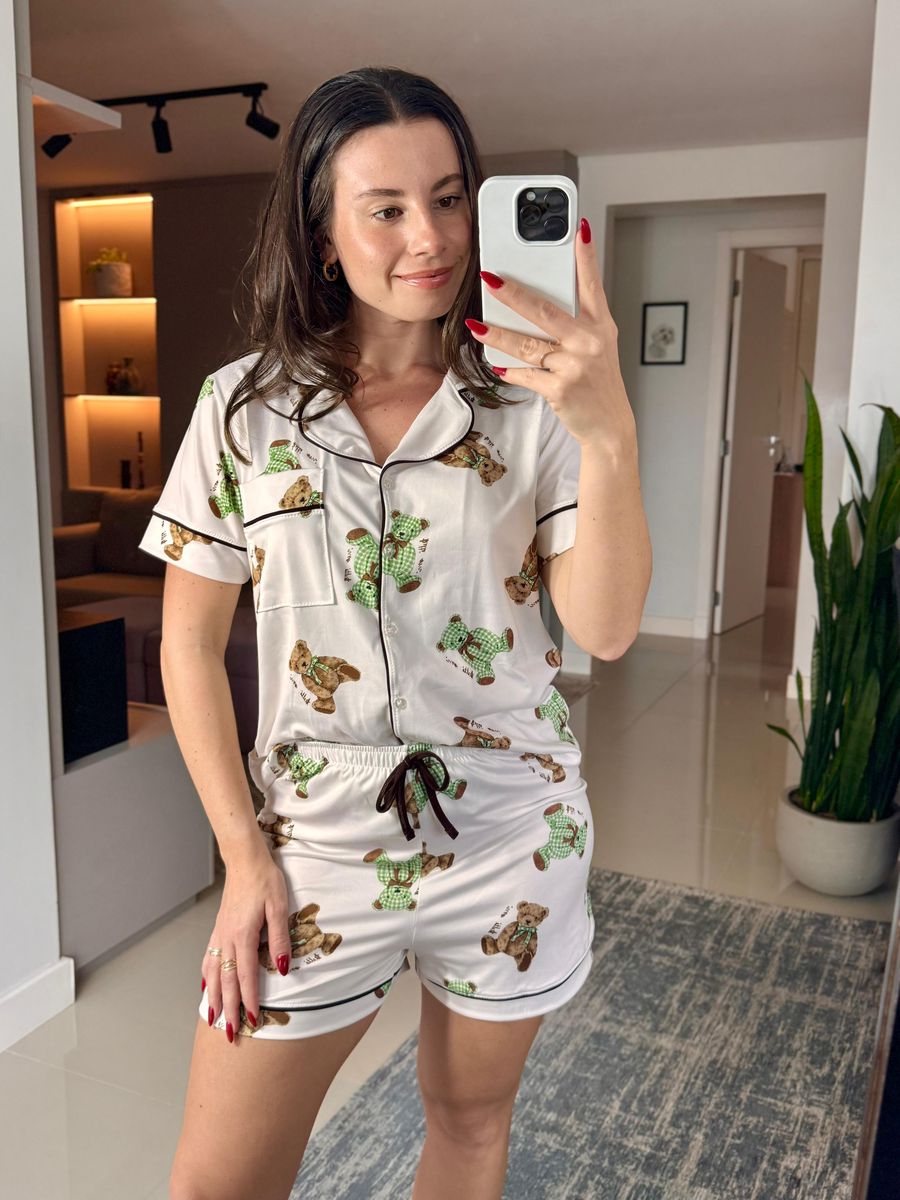 Pijama Feminino Americano Curto Ursos Verde