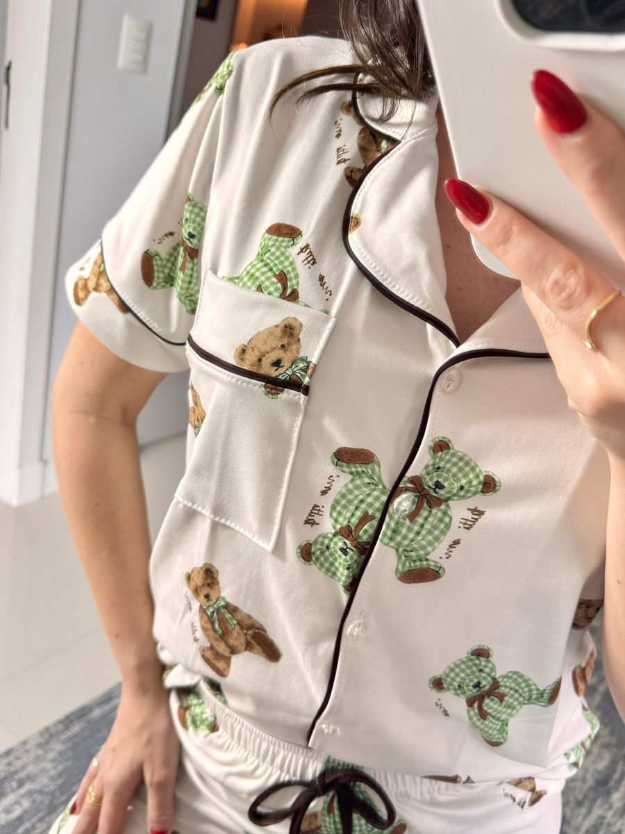 Pijama Feminino Americano Curto Ursos Verde