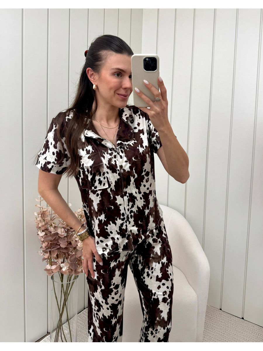 Pijama Feminino Americano Meia Estação Vaca Animal Print
