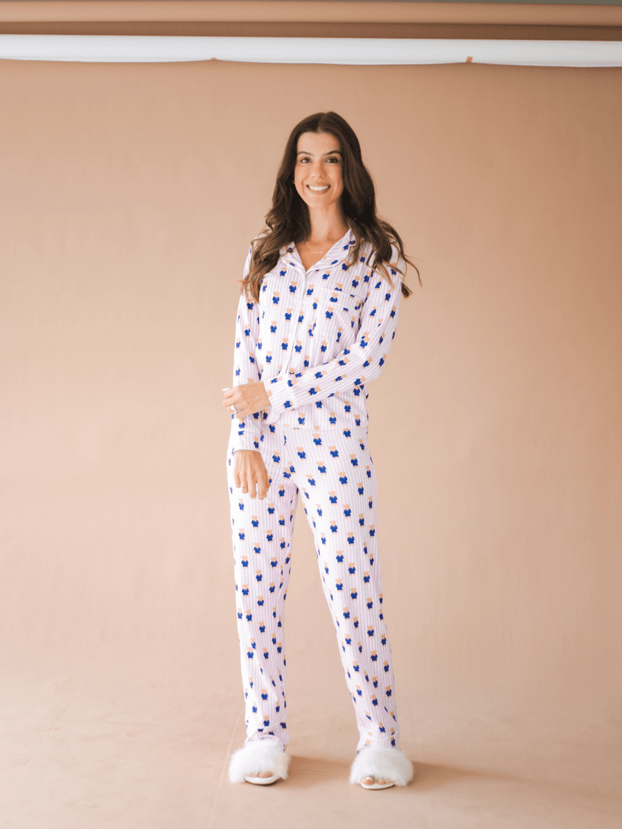 Pijama Feminino Americano Longo Aléxia Ursos Listras Rosa