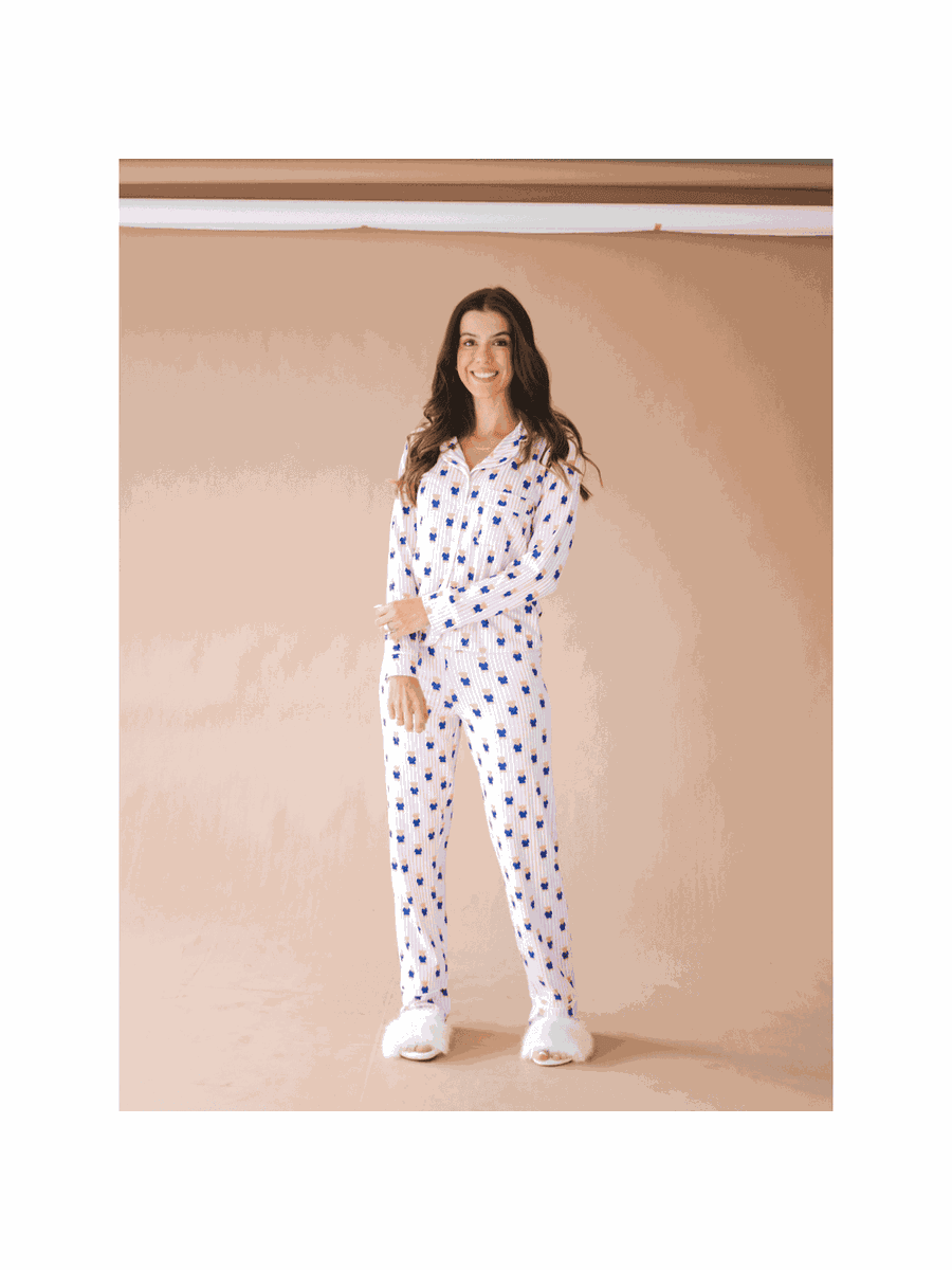 Pijama Feminino Americano Longo Aléxia Ursos Listras Rosa