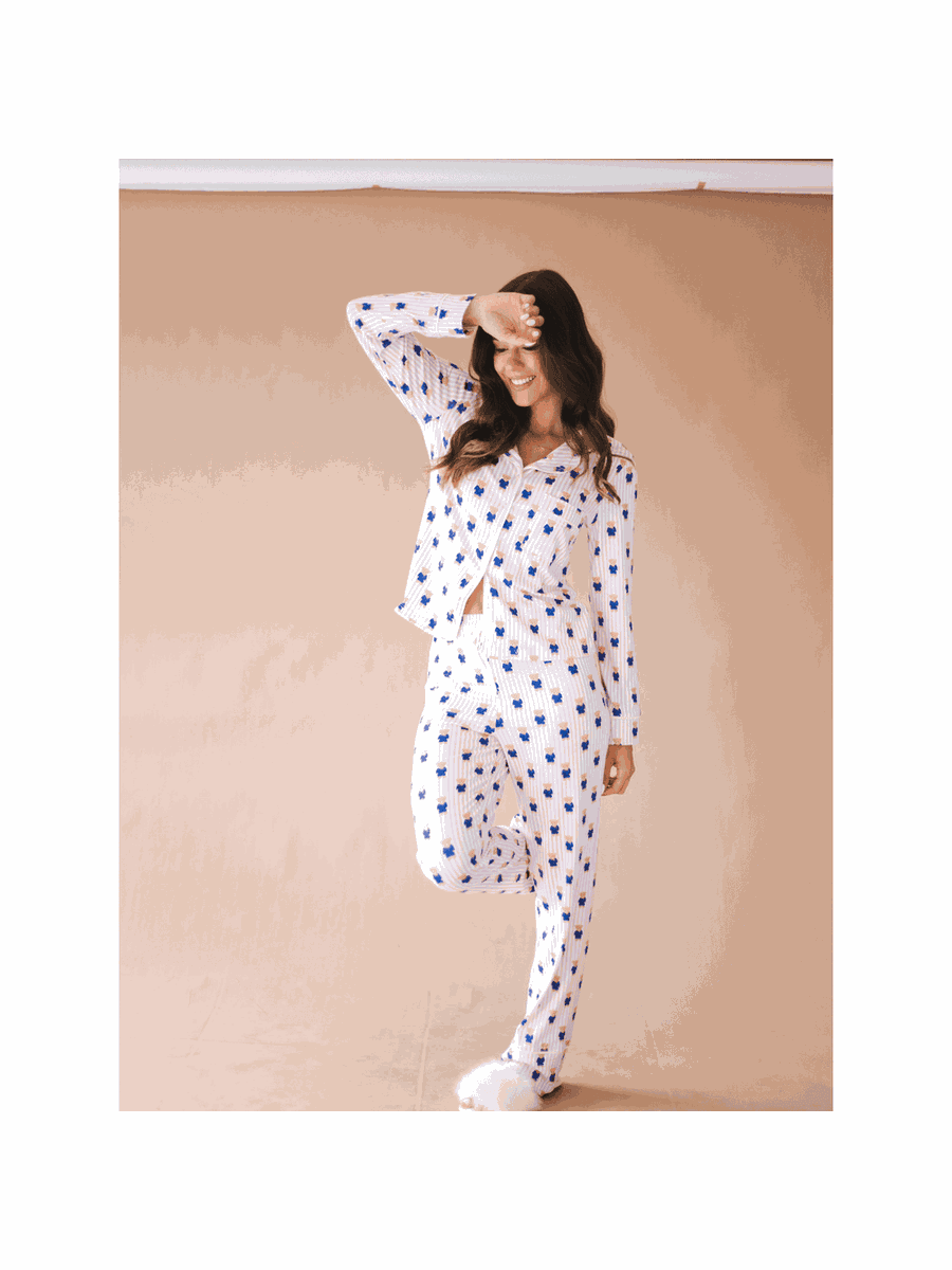 Pijama Feminino Americano Longo Aléxia Ursos Listras Rosa