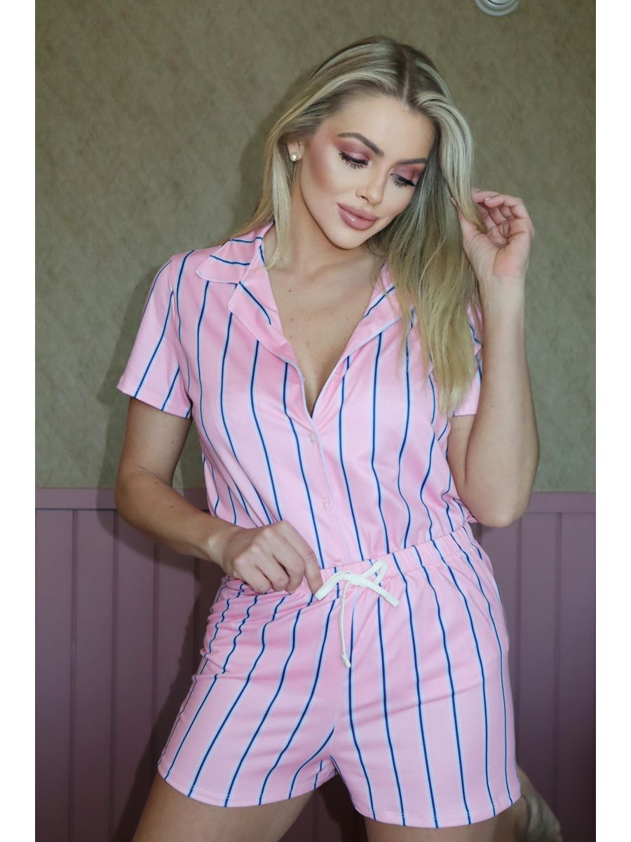 Pijama Feminino Americano Curto Listrado Rosa e Azul