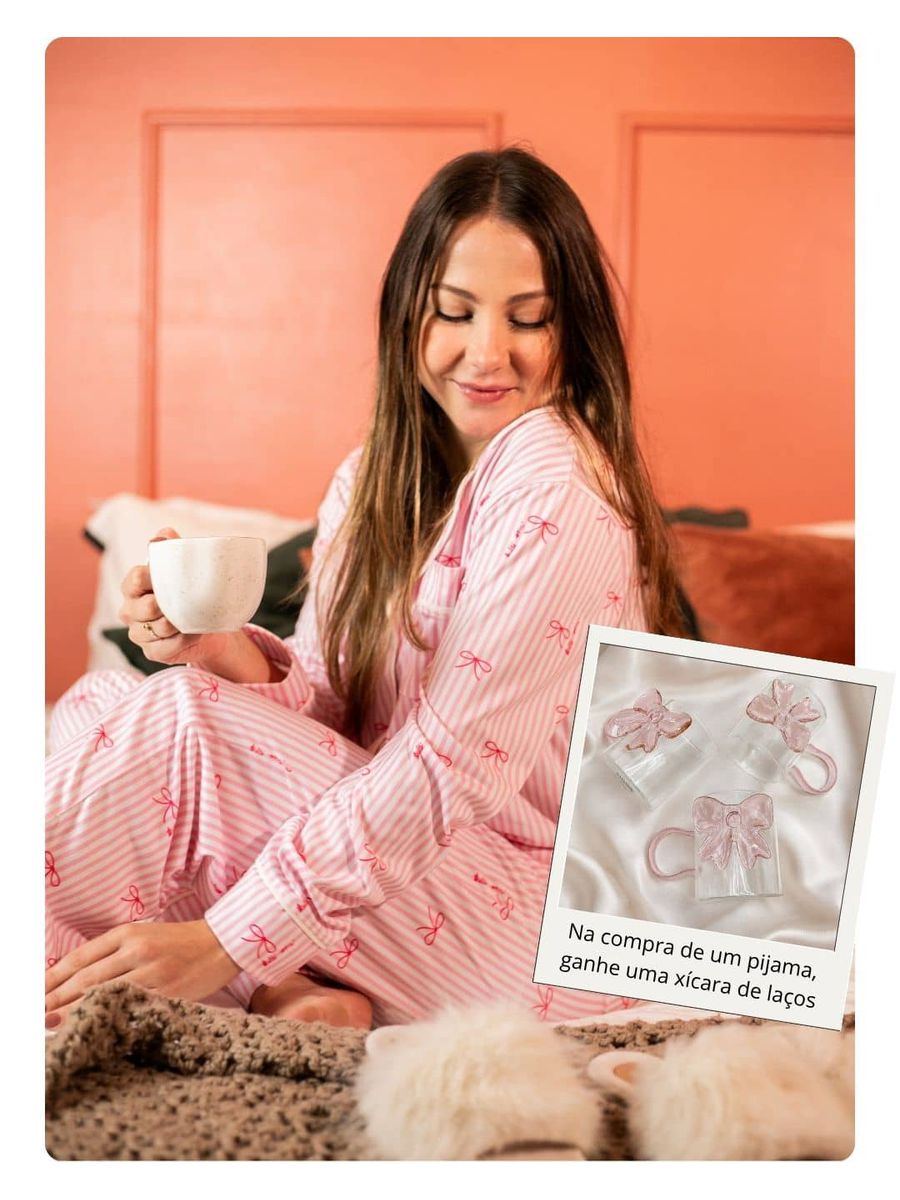 Pijama Feminino Americano Longo Laços Rosa 1