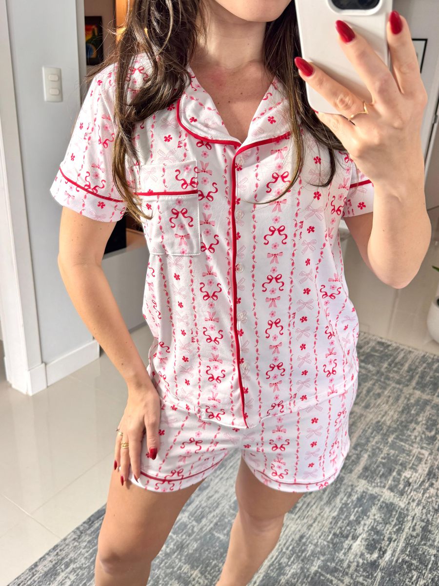 Pijama Feminino Americano Curto Laços Vermelho