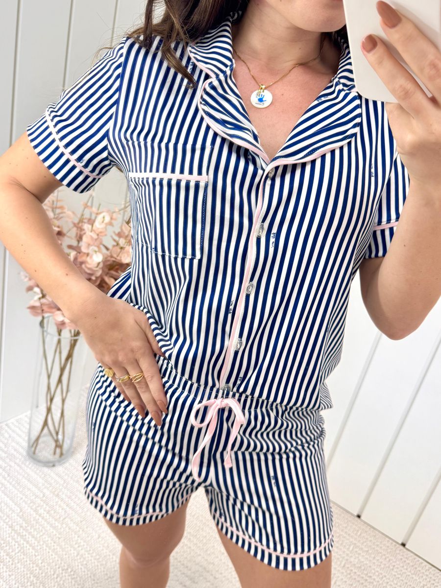 Pijama Feminino Americano Curto Listrado Marinho