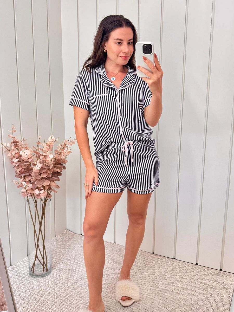 Pijama Feminino Americano Curto Listrado Marinho