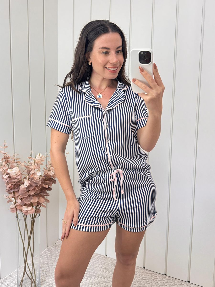 Pijama Feminino Americano Curto Listrado Marinho