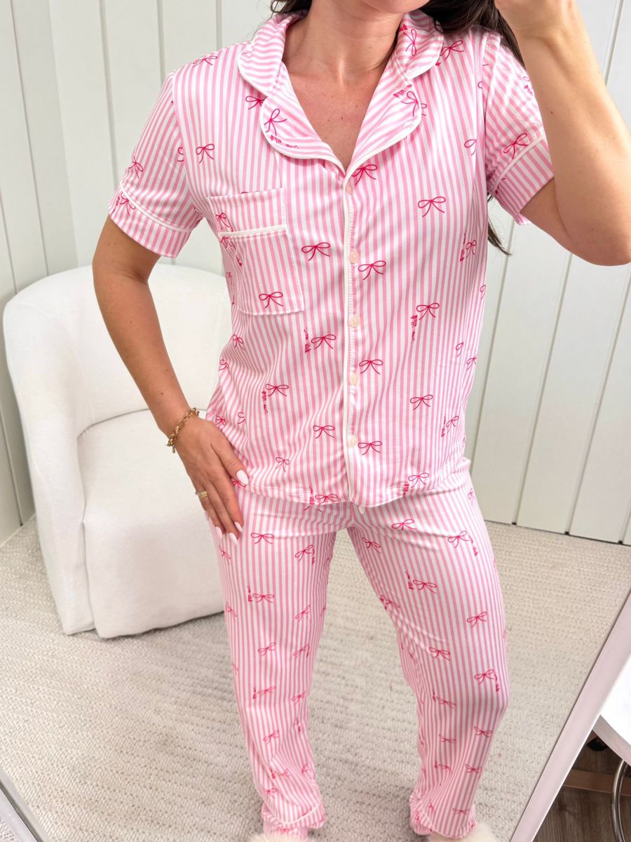 Pijama Feminino Americano Meia Estação Laços Rosa