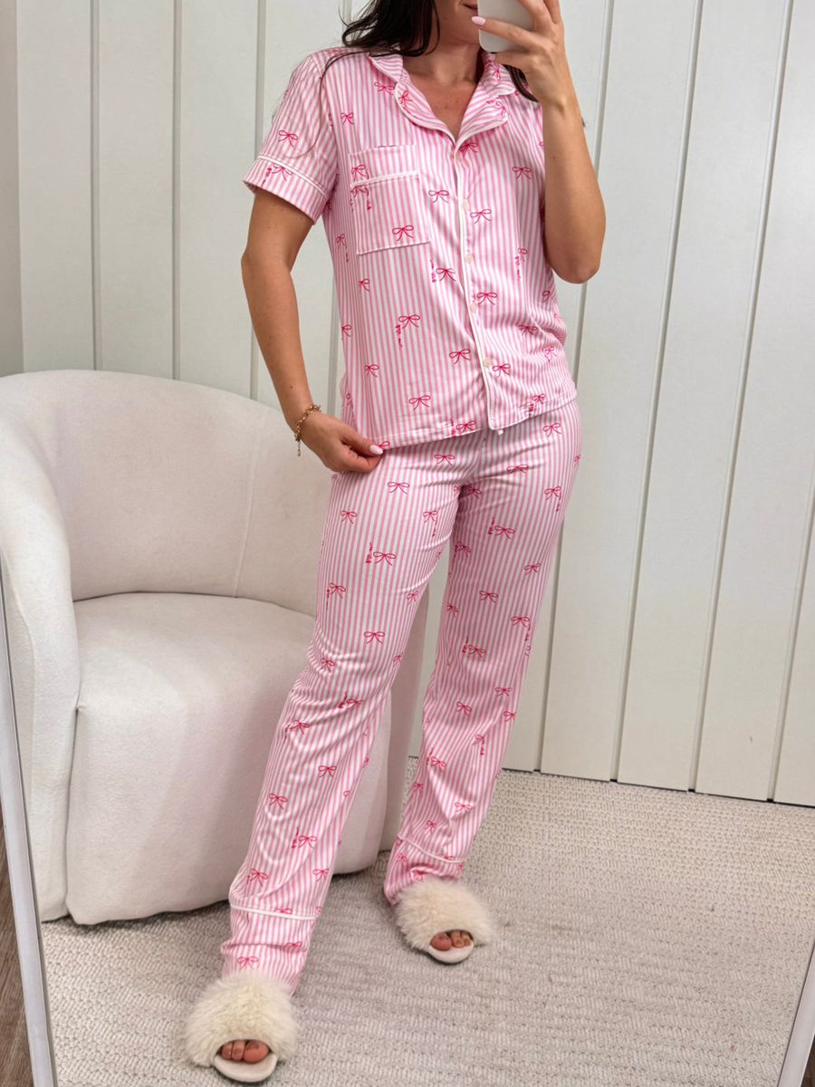 Pijama Feminino Americano Meia Estação Laços Rosa