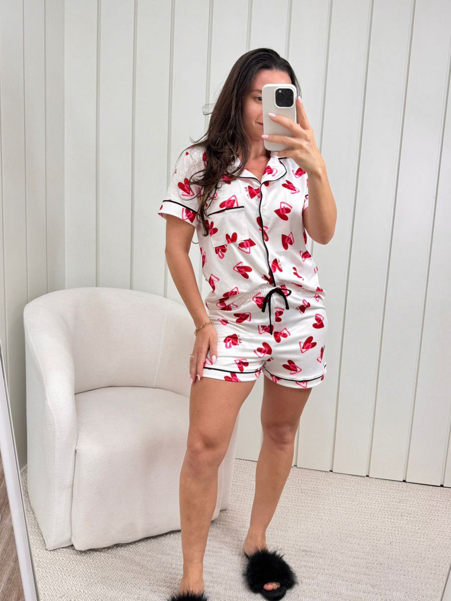 Pijama Feminino Americano Curto Coração Duplo