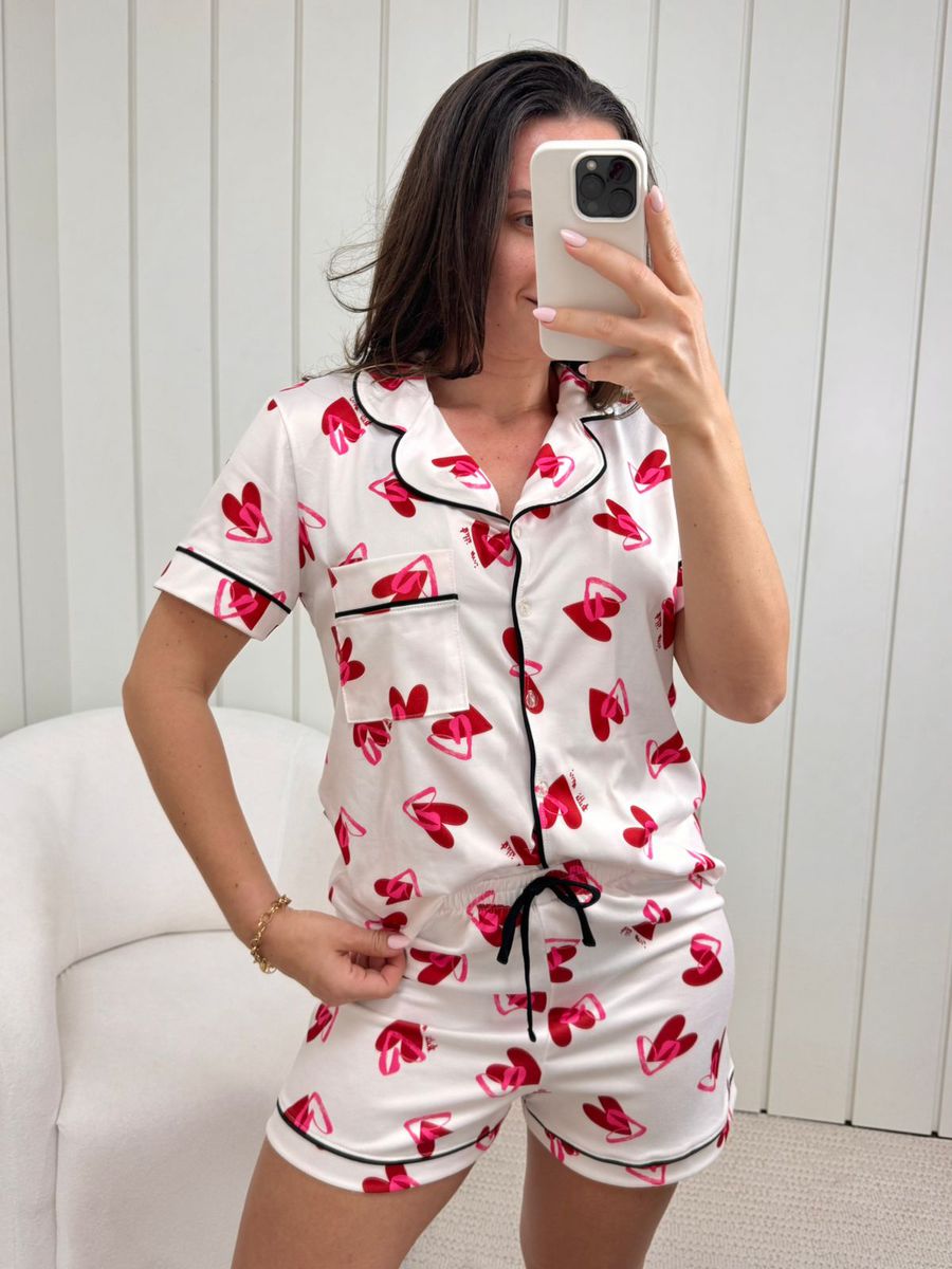 Pijama Feminino Americano Curto Coração Duplo