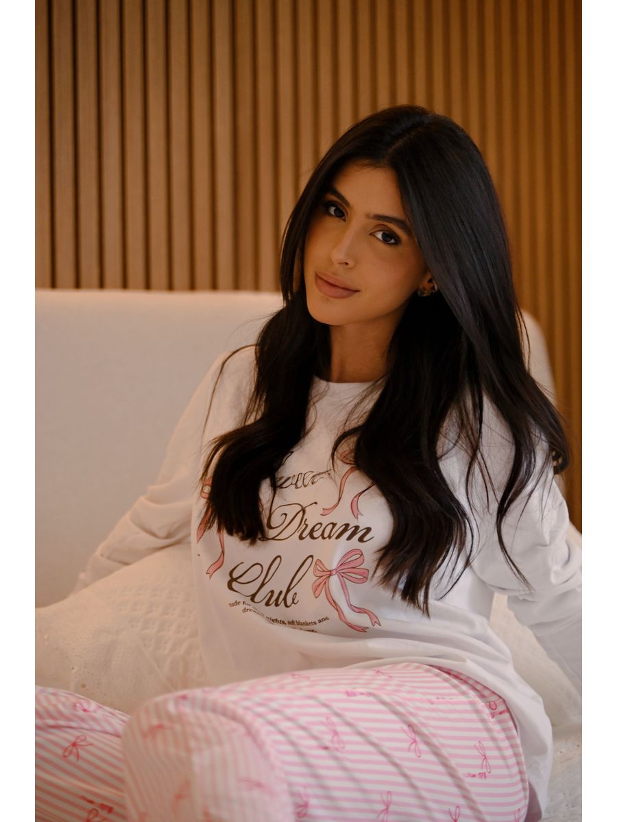 Pijama Feminino Longo Laços Rosa 1