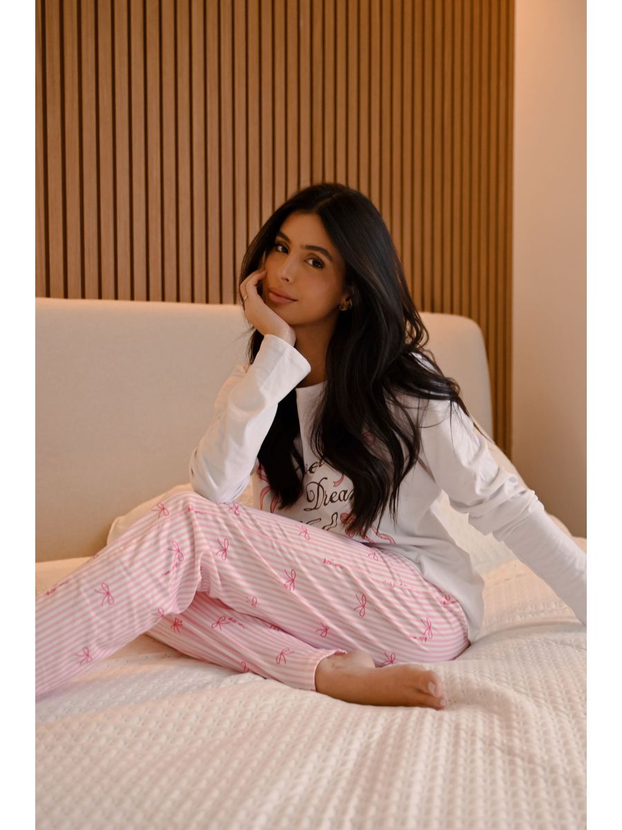 Pijama Feminino Longo Laços Rosa 4