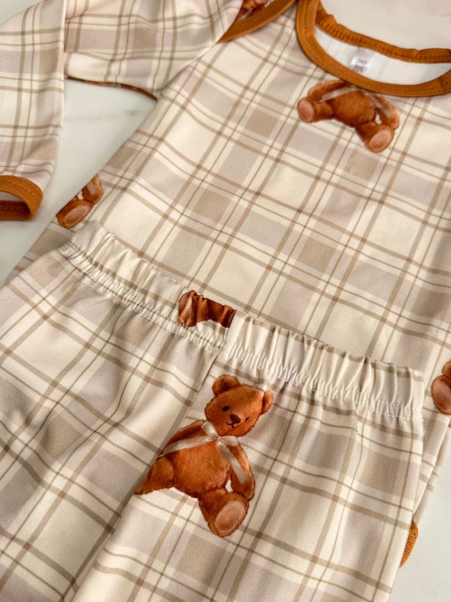 Conjunto Pijama Bebê Body e Calça Ursos Xadrez