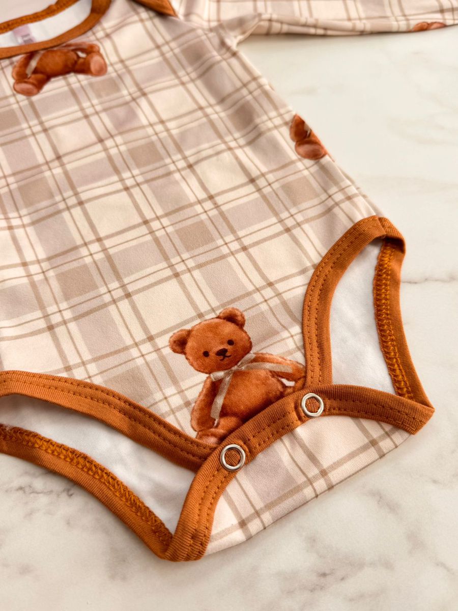 Conjunto Pijama Bebê Body e Calça Ursos Xadrez