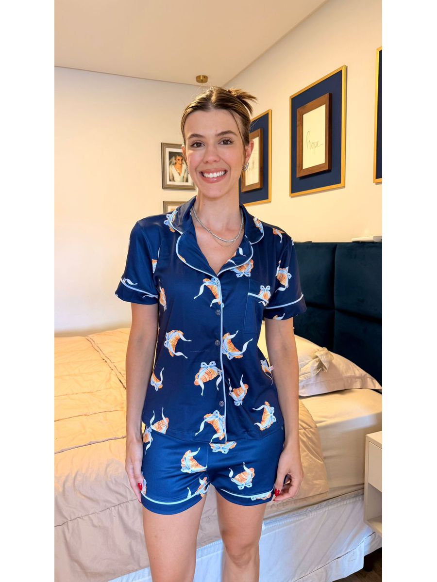 Pijama Feminino Americano Curto Croissant Azul 3