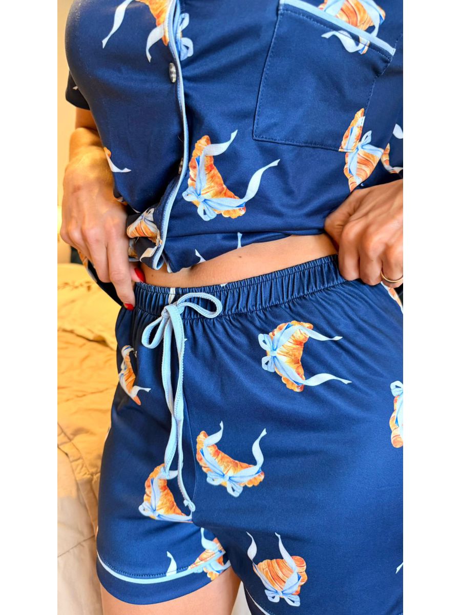 Pijama Feminino Americano Curto Croissant Azul 4