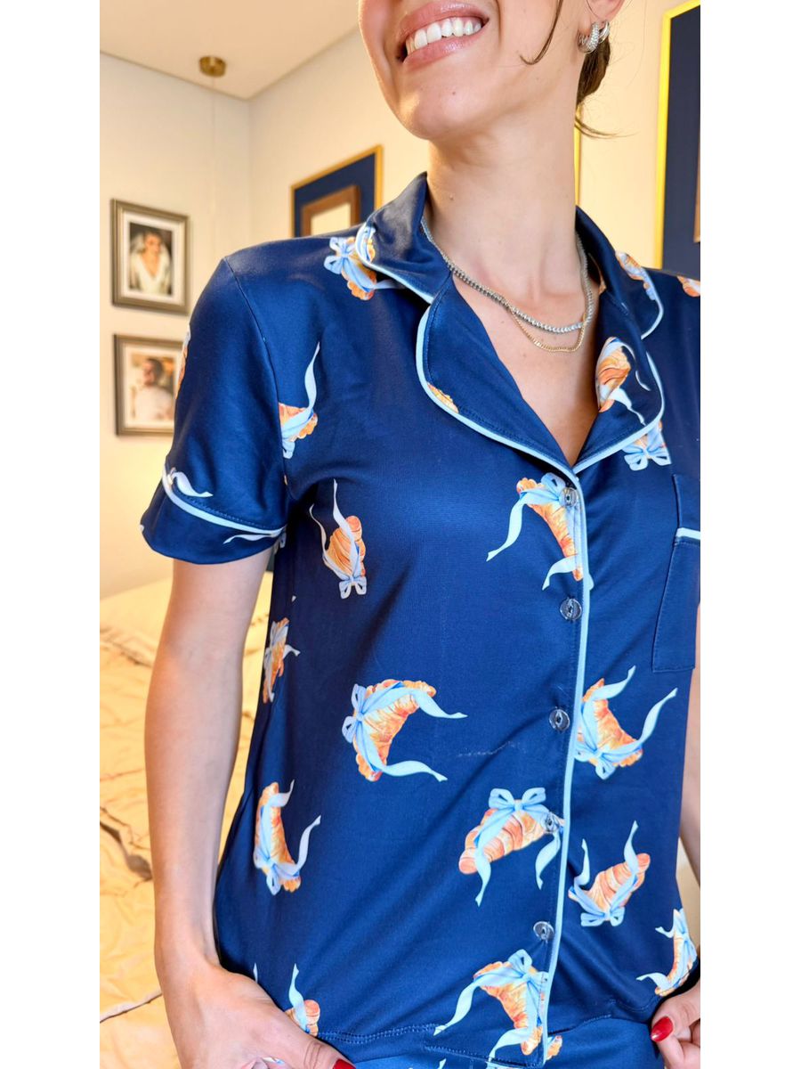 Pijama Feminino Americano Curto Croissant Azul 2