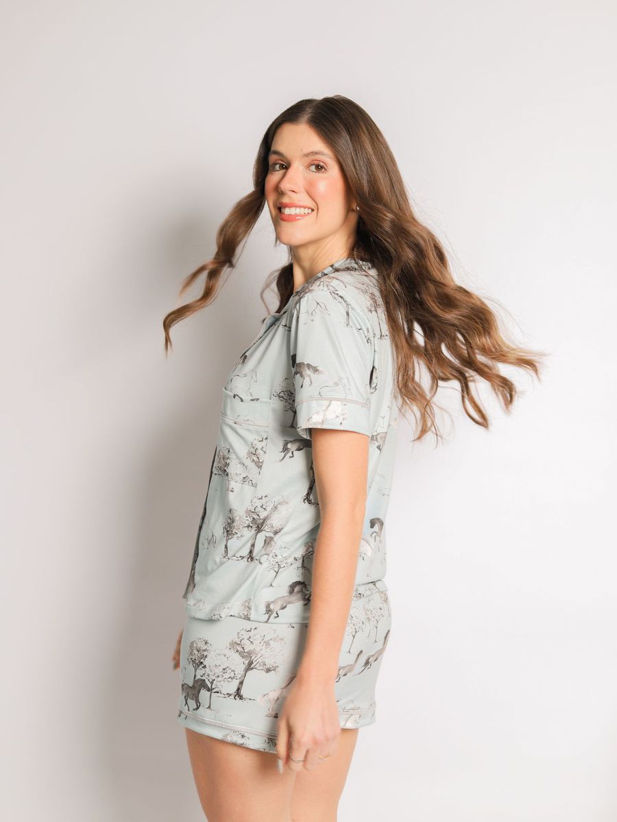 Pijama Feminino Americano Curto Cavalos Vintage