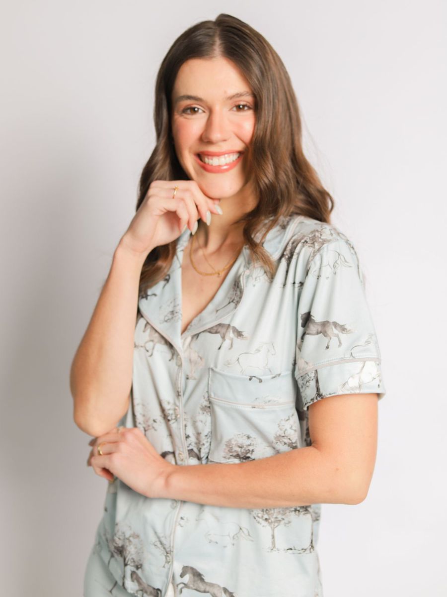 Pijama Feminino Americano Curto Cavalos Vintage