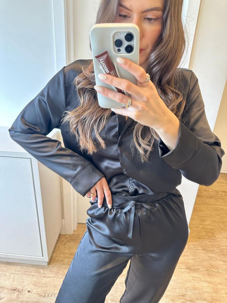Pijama Feminino Americano Longo Cetim Preto