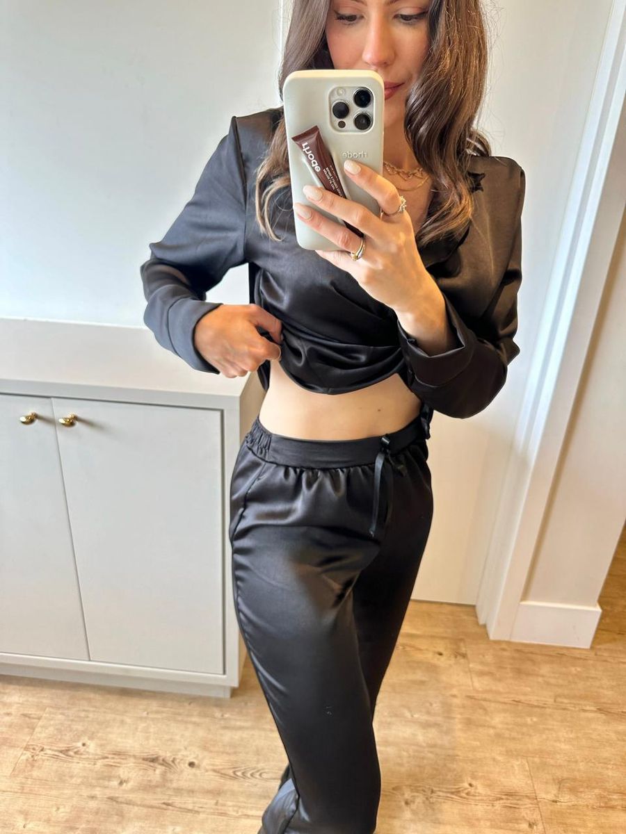 Pijama Feminino Americano Longo Cetim Preto