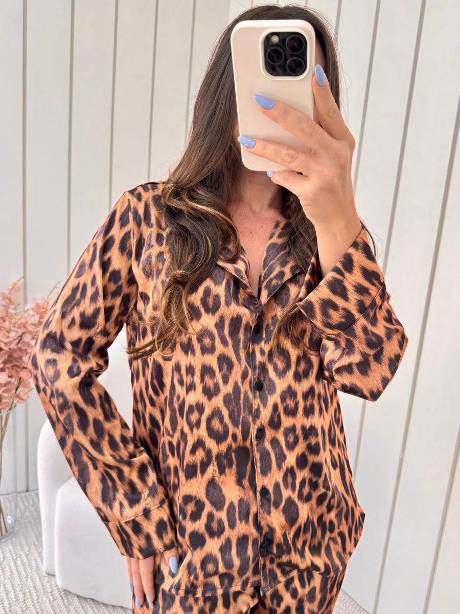Pijama Feminino Americano Longo Cetim Onça