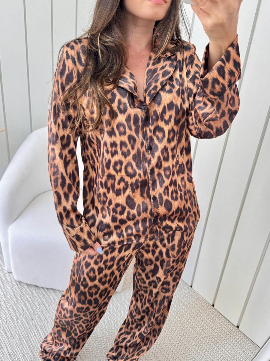 Pijama Feminino Americano Longo Cetim Onça