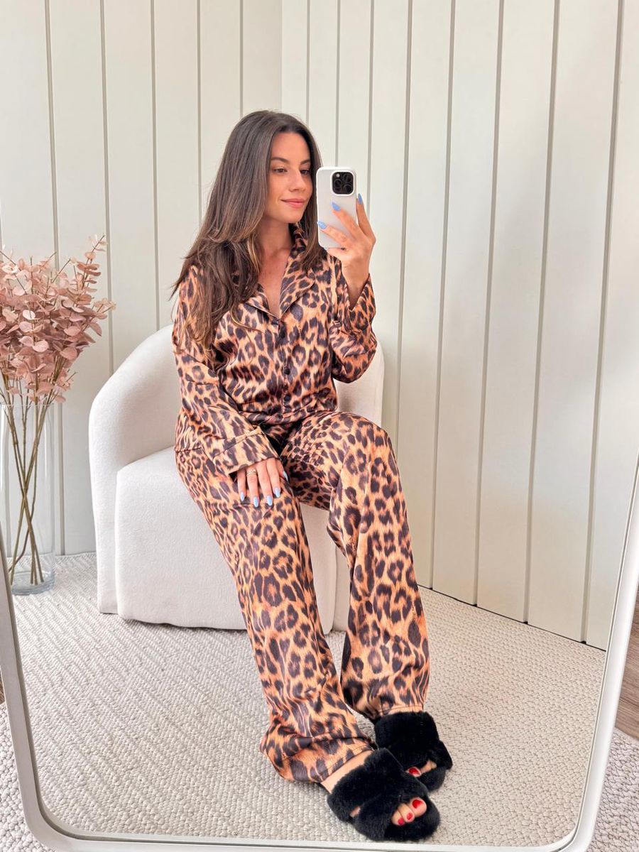 Pijama Feminino Americano Longo Cetim Onça