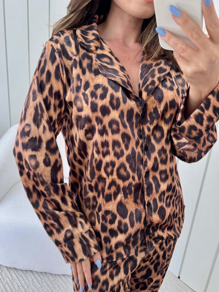 Pijama Feminino Americano Longo Cetim Onça