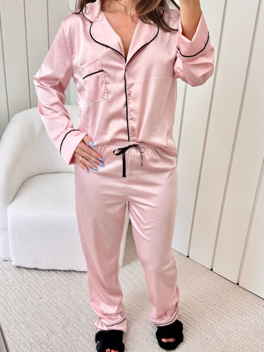 Pijama Feminino Americano Longo Cetim Rosa