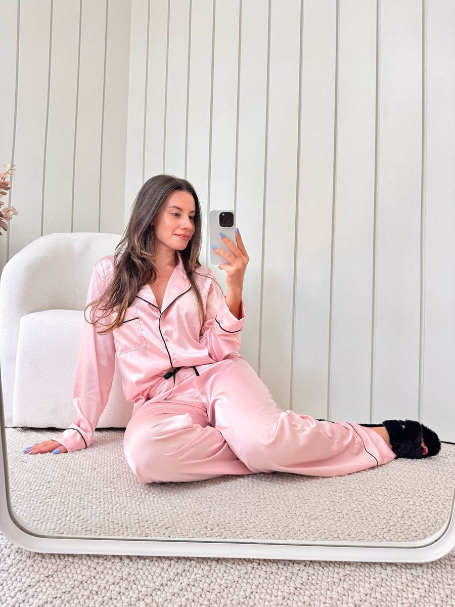 Pijama Feminino Americano Longo Cetim Rosa