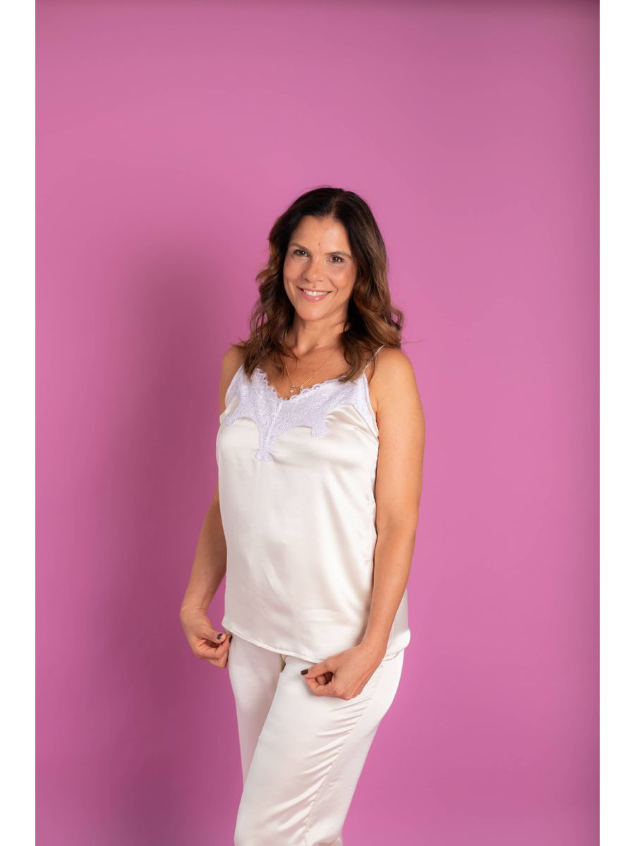 Pijama Feminino Meia Estação Cetim Regata e Calça Bege