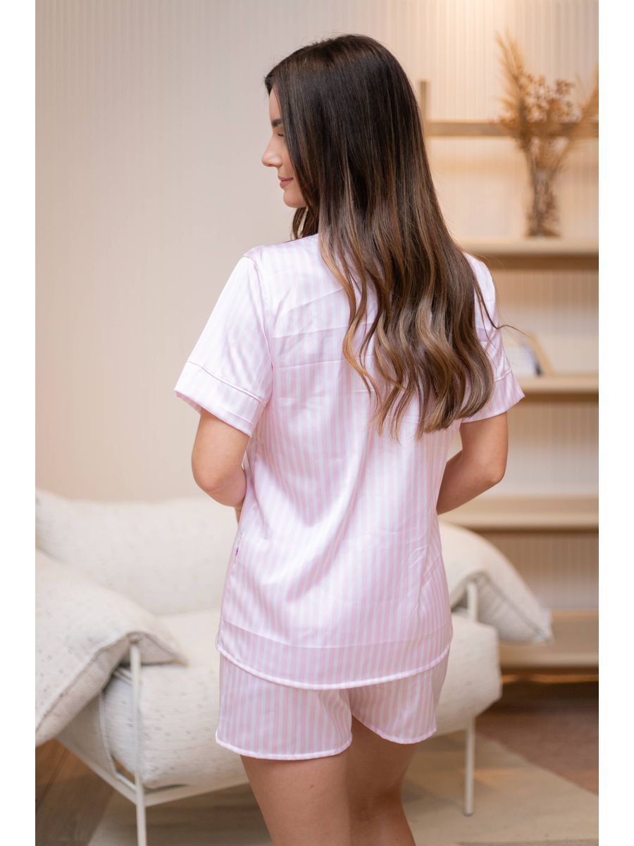 Pijama Feminino Americano Curto Cetim Listrado Rosa