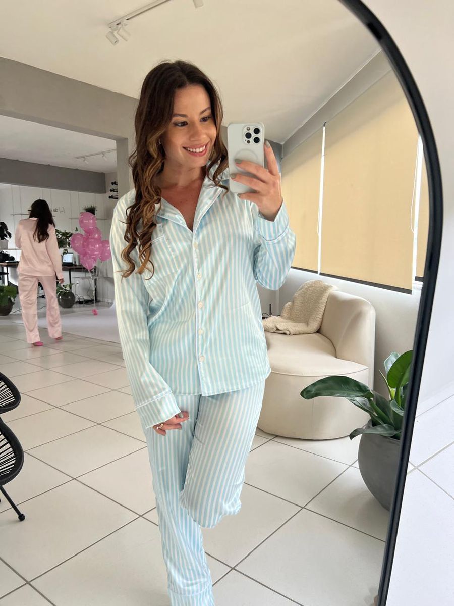 Pijama Feminino Americano Longo Cetim Listras Azul