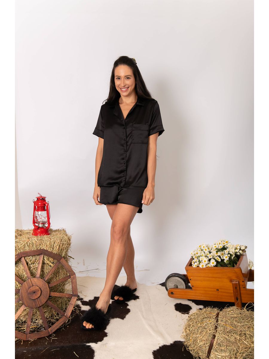 Pijama Feminino Americano Curto Preto Cetim