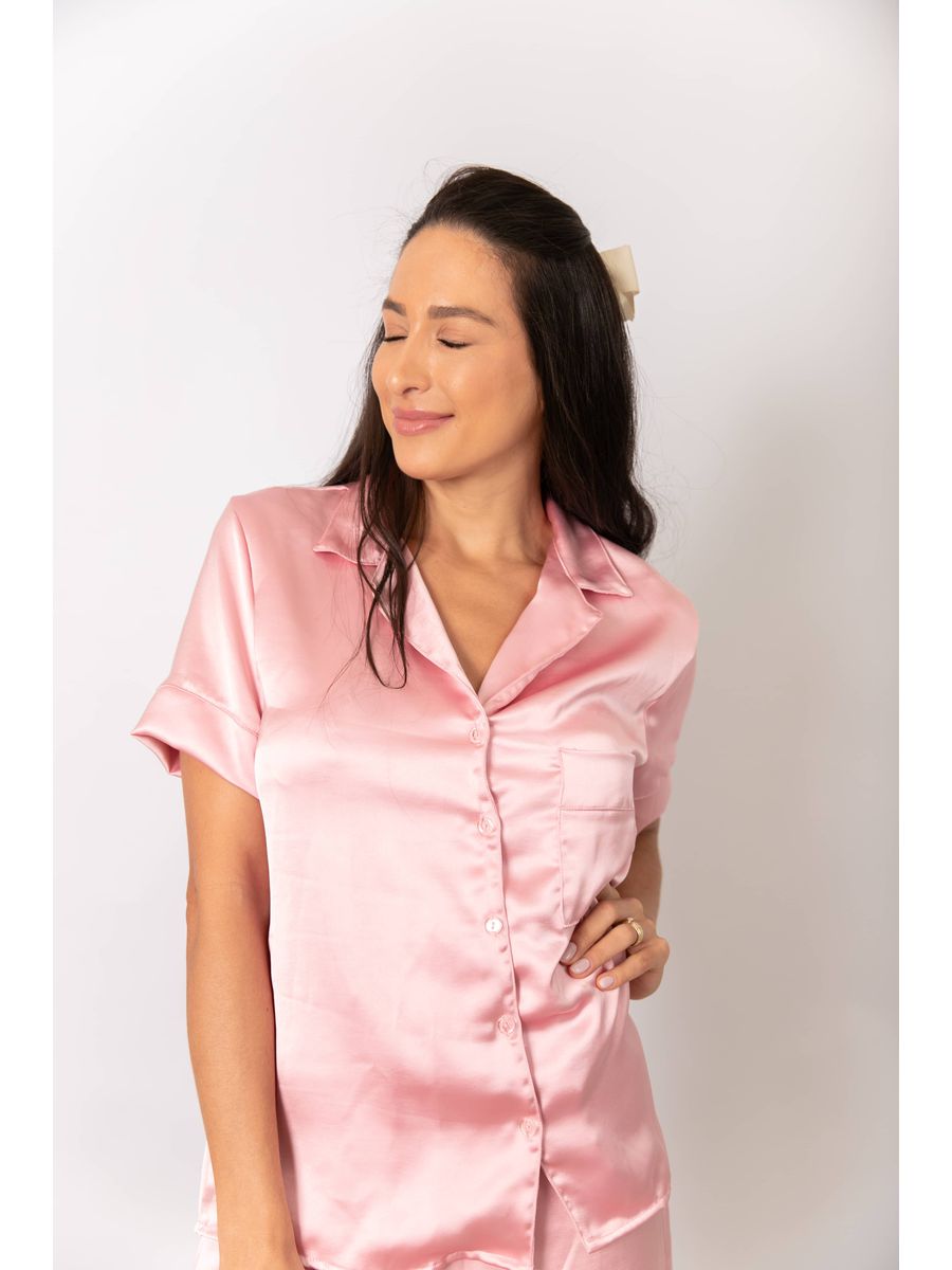 Pijama Feminino Americano Curto Cetim Rosa