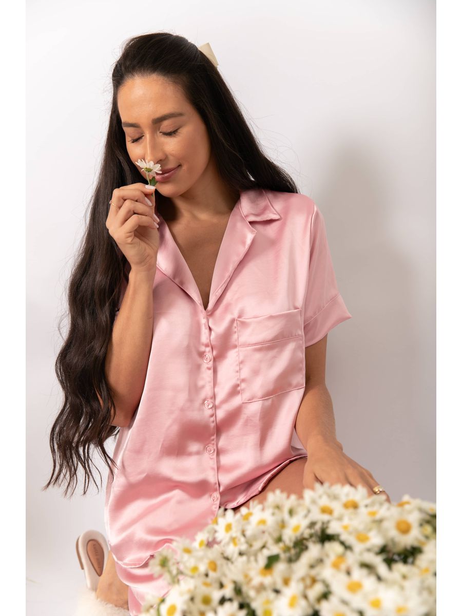 Pijama Feminino Americano Curto Cetim Rosa