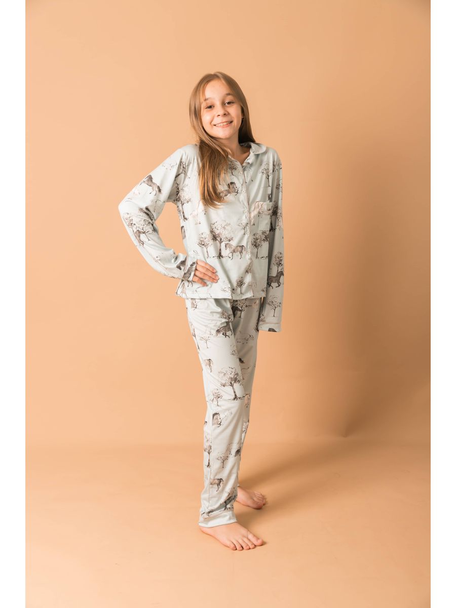 Pijama Infantil Unissex Americano Longo Cavalos Vintage