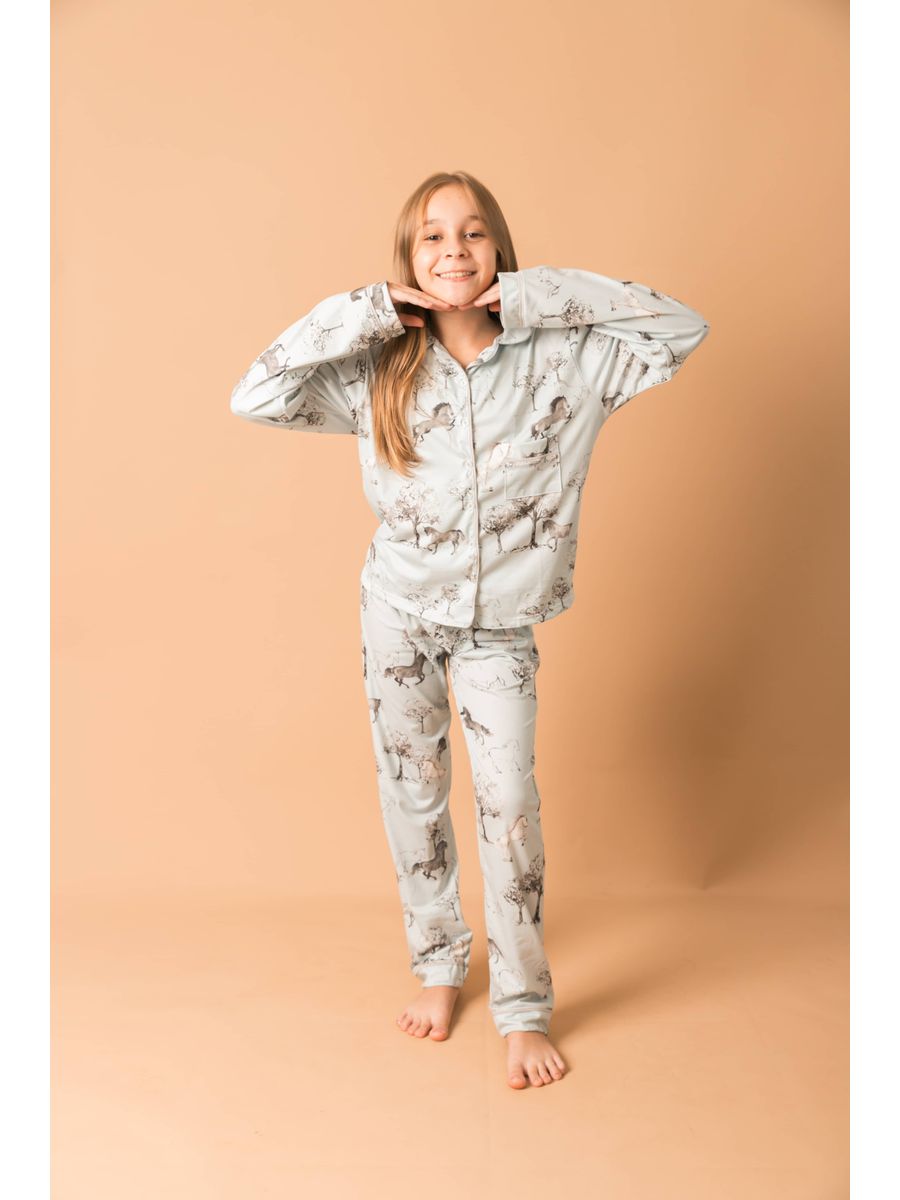 Pijama Infantil Unissex Americano Longo Cavalos Vintage