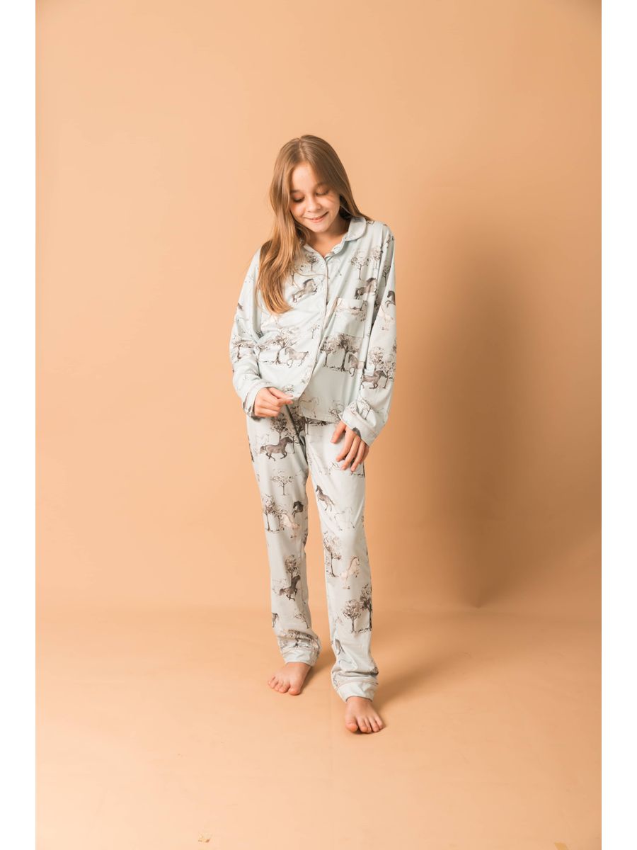 Pijama Infantil Unissex Americano Longo Cavalos Vintage