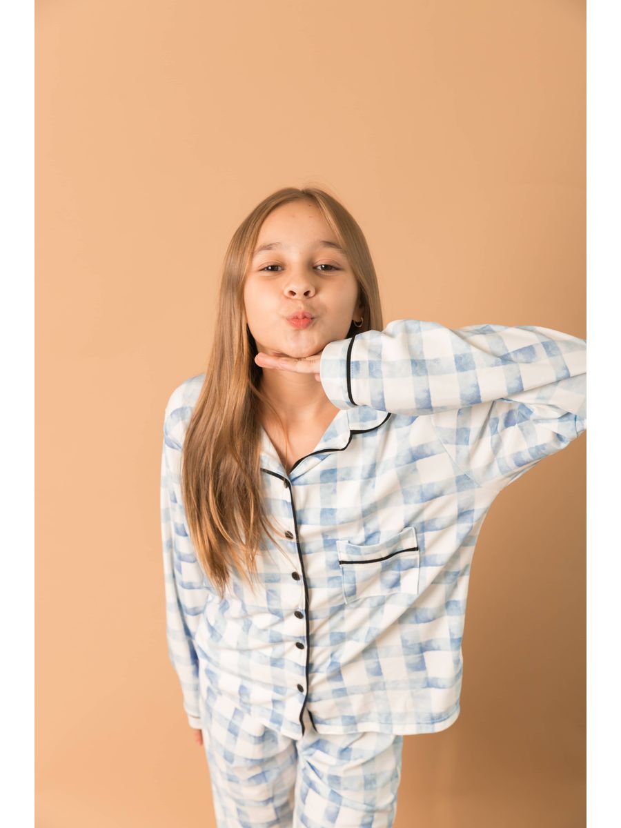 Pijama Infantil Unissex Americano Longo Xadrez Azul