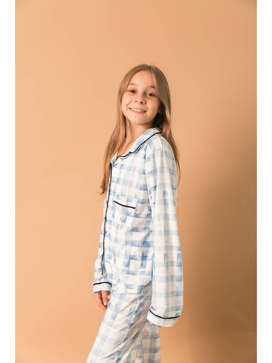 Pijama Infantil Unissex Americano Longo Xadrez Azul