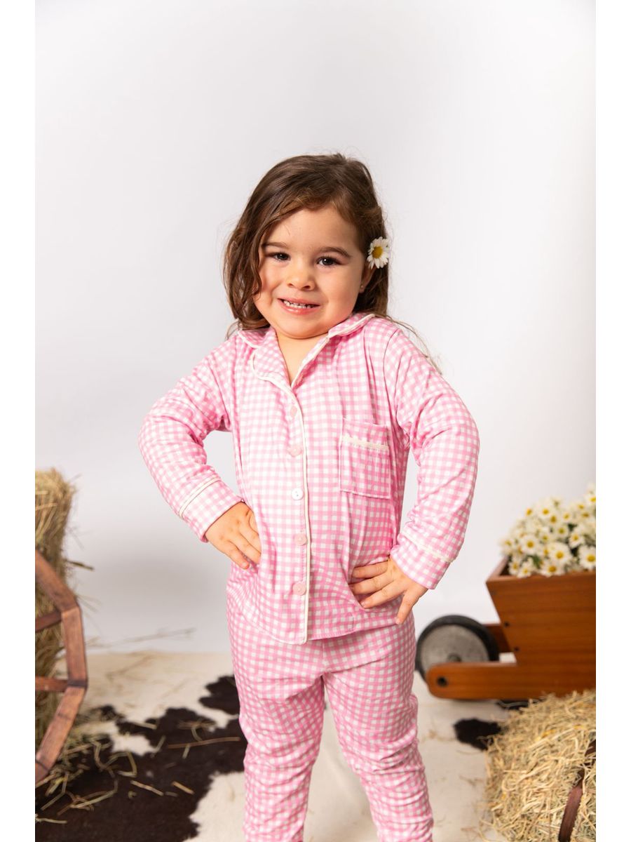 Pijama Infantil Unissex Americano Longo Xadrez Branco e Rosa